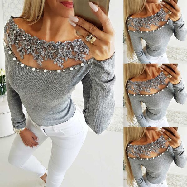 trendy women clothes round neck lace off shoulder t-shirts long sleeve casual slim plain stretch basic one pieces, White